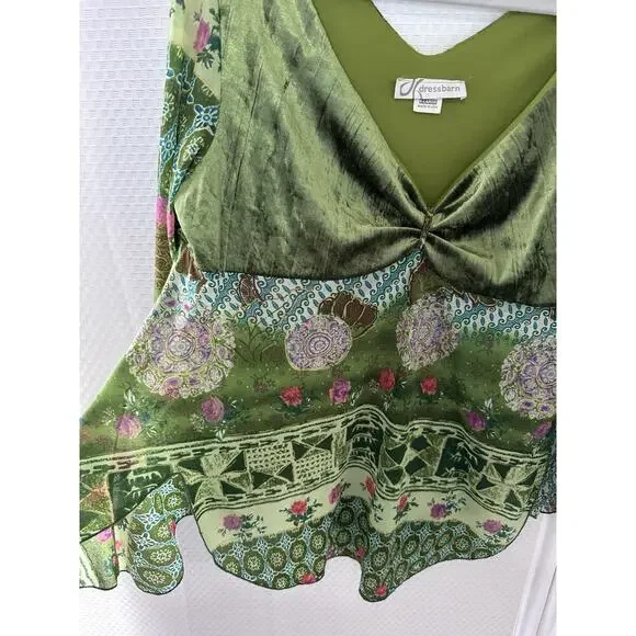 Dress Barn XL Fairycore Boho Y2K Green Velvet Patchwork Blouse Cottagecore Top - Picture 11 of 16